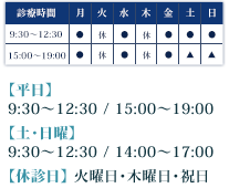 平日 9:30～12:30 / 15:00～19:00 土日 9:30～12:30 / 14:00～17:00 休診日 火曜日・木曜日・祝日